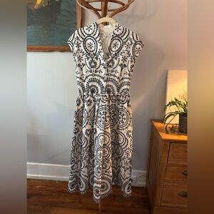 Zara Navy and White Embroidered Floral Midi Dress